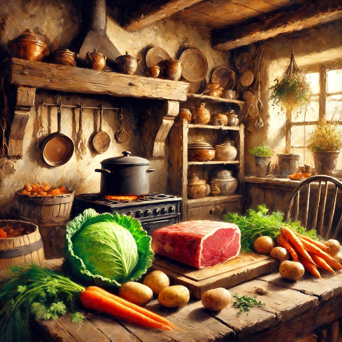 Old World Kitchen Hearth Beef Carrots Copper Pots Rustic Art Poster