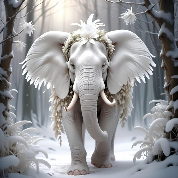 Majestic White Elephant Winter Wonderland Snowy Forest Art Print
