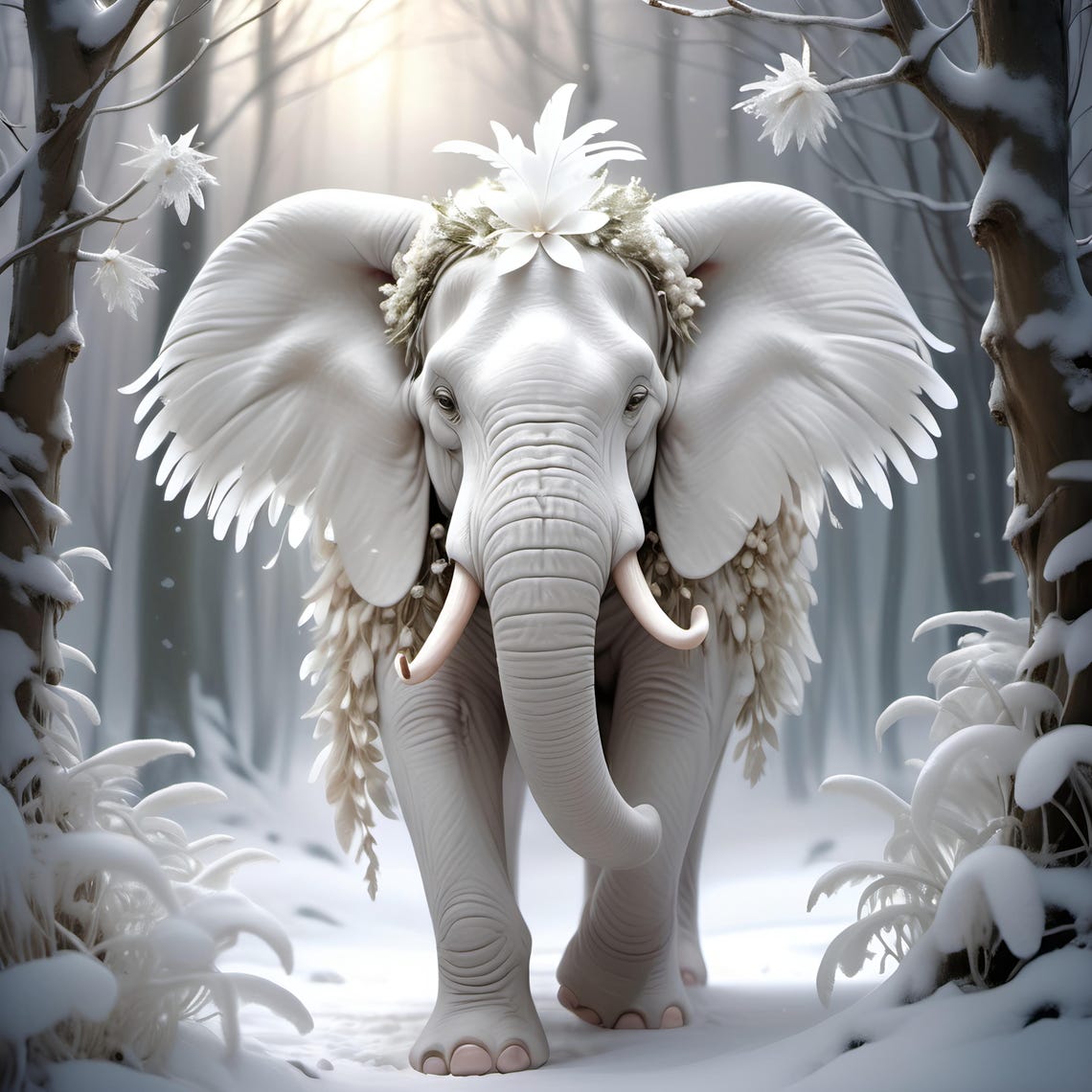 Majestic White Elephant Winter Wonderland Snowy Forest Art Print