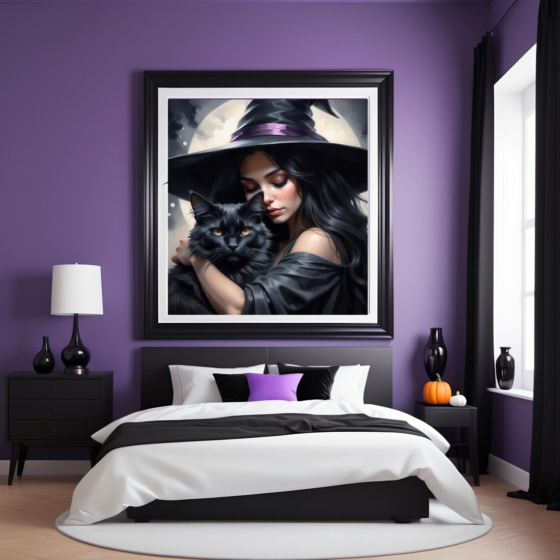 Gothic Witch Embracing Black Cat Moonlit Purple Hat Halloween Decor Wall Art - Image 2