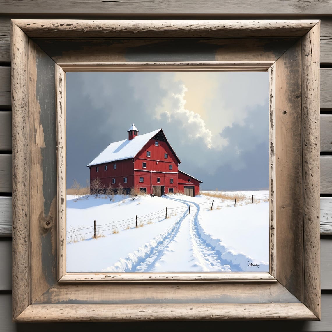 Red Barn In Snowy Field With Wagon Tracks Under Dramatic Sky Poster - Image 3