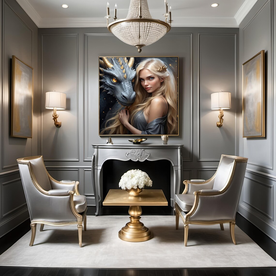 Blonde Beauty And Silver Dragon Golden Horns Warm Fantasy Art Poster - Image 2