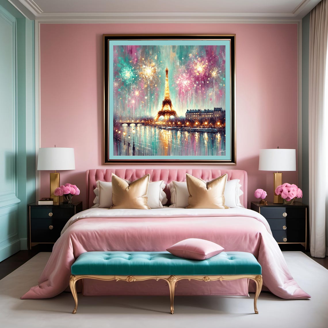 Paris Eiffel Tower Golden Fireworks Celebration Night Art Poster - Image 3