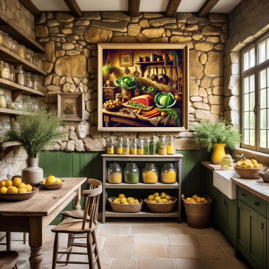 Rustic Farmhouse Kitchen Still Life Beef Cabbage Copper Pots Poster - Image 2