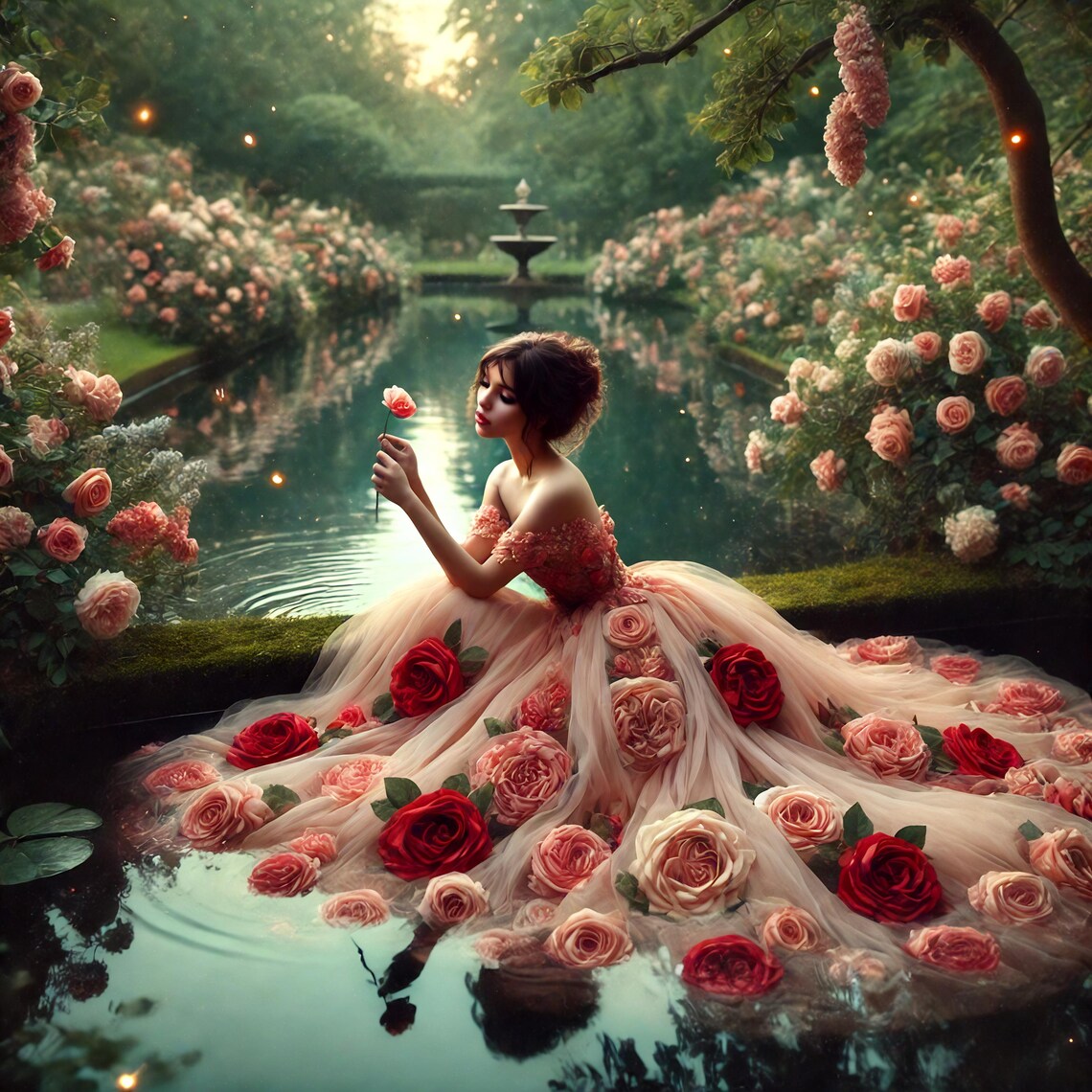 Romantic Roses Reflection, Valentine Art Print