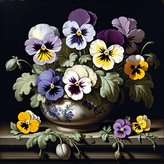Baroque Pansy Bouquet Art Print, Vintage Floral Decor