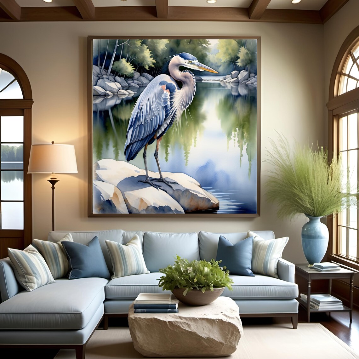 Great Blue Heron Lake Rocky Shore Watercolor Wildlife Art Poster - Image 3