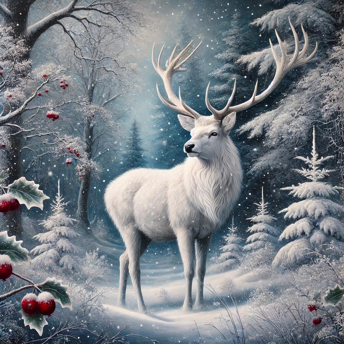 White Stag Christmas Wildlife Wall Art Print