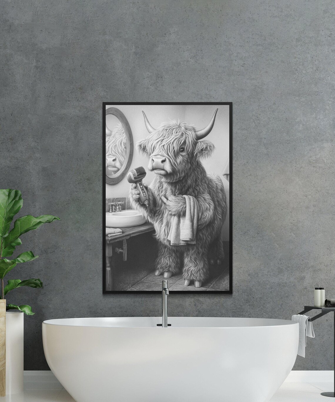 Highland Cow With Hair Dryer in Bathroom Black and White Poster - Image 2