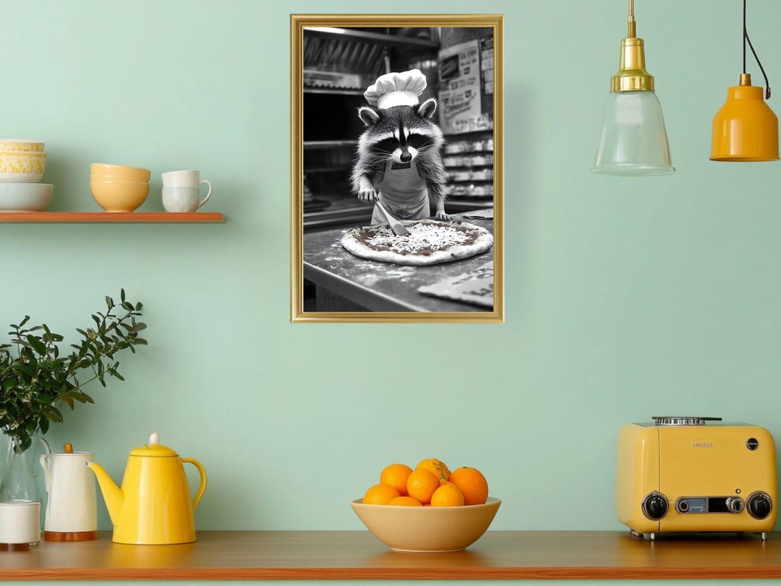 Raccoon Chef Making Pizza Funny Animal Pizzeria Kitchen Art Print - Image 3