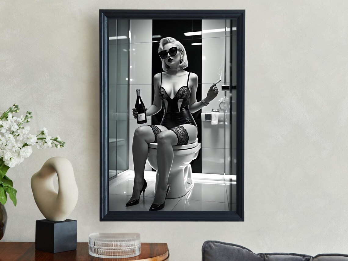 Woman in Lingerie Holding a Wine Bottle While Sitting on a Toilet Poster - Image 4