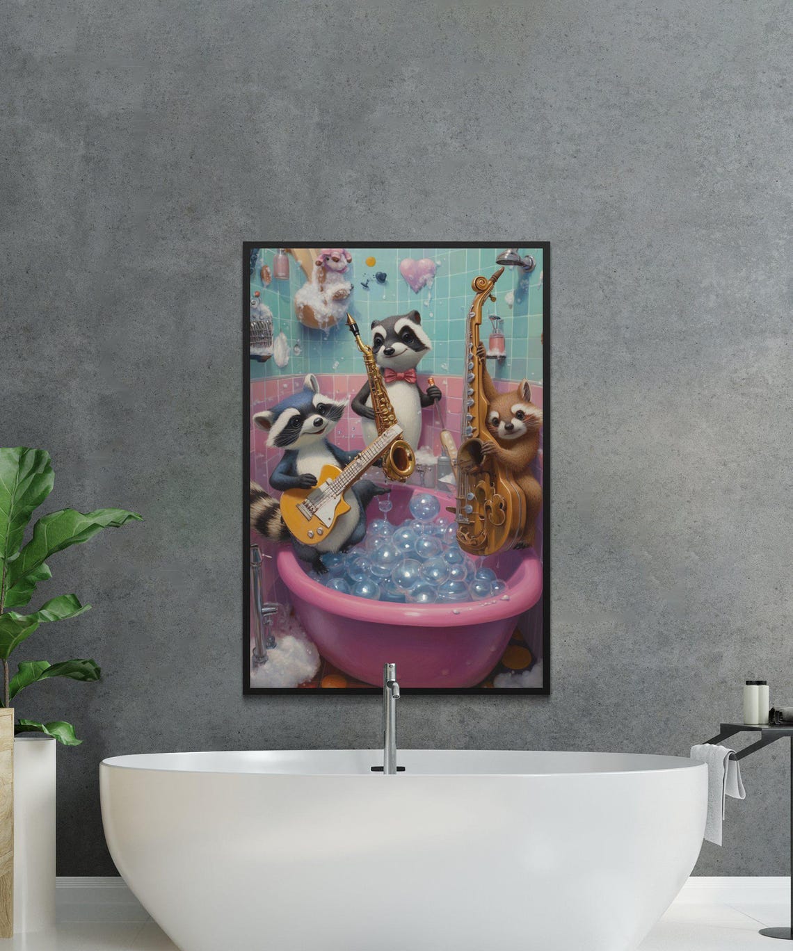 Raccoon Jazz Band Playing in a Bubble Bath Pink Tub Party Print - Image 2