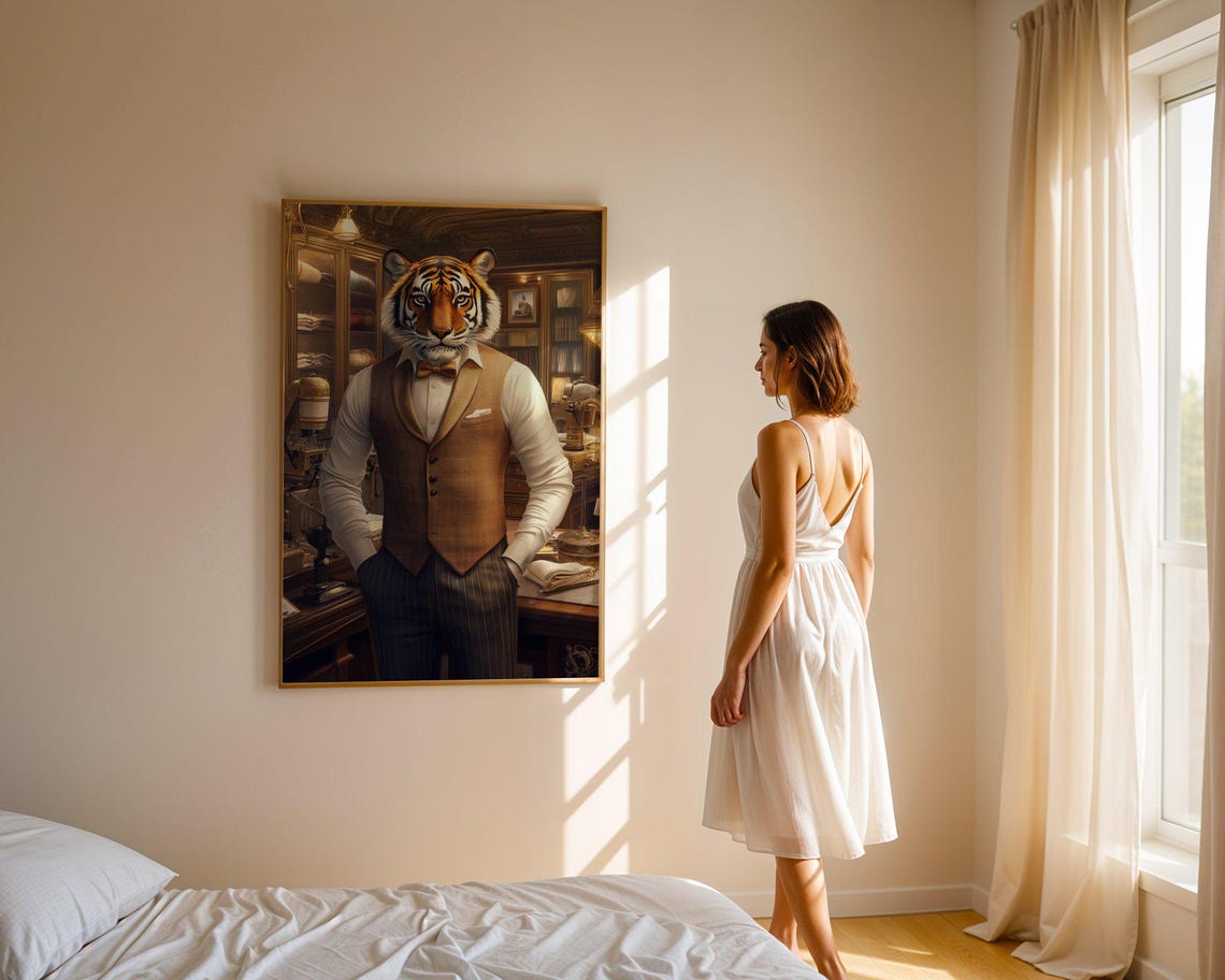 Dapper Tiger in Suit and Bow Tie Vintage Office Portrait Poster - Image 3
