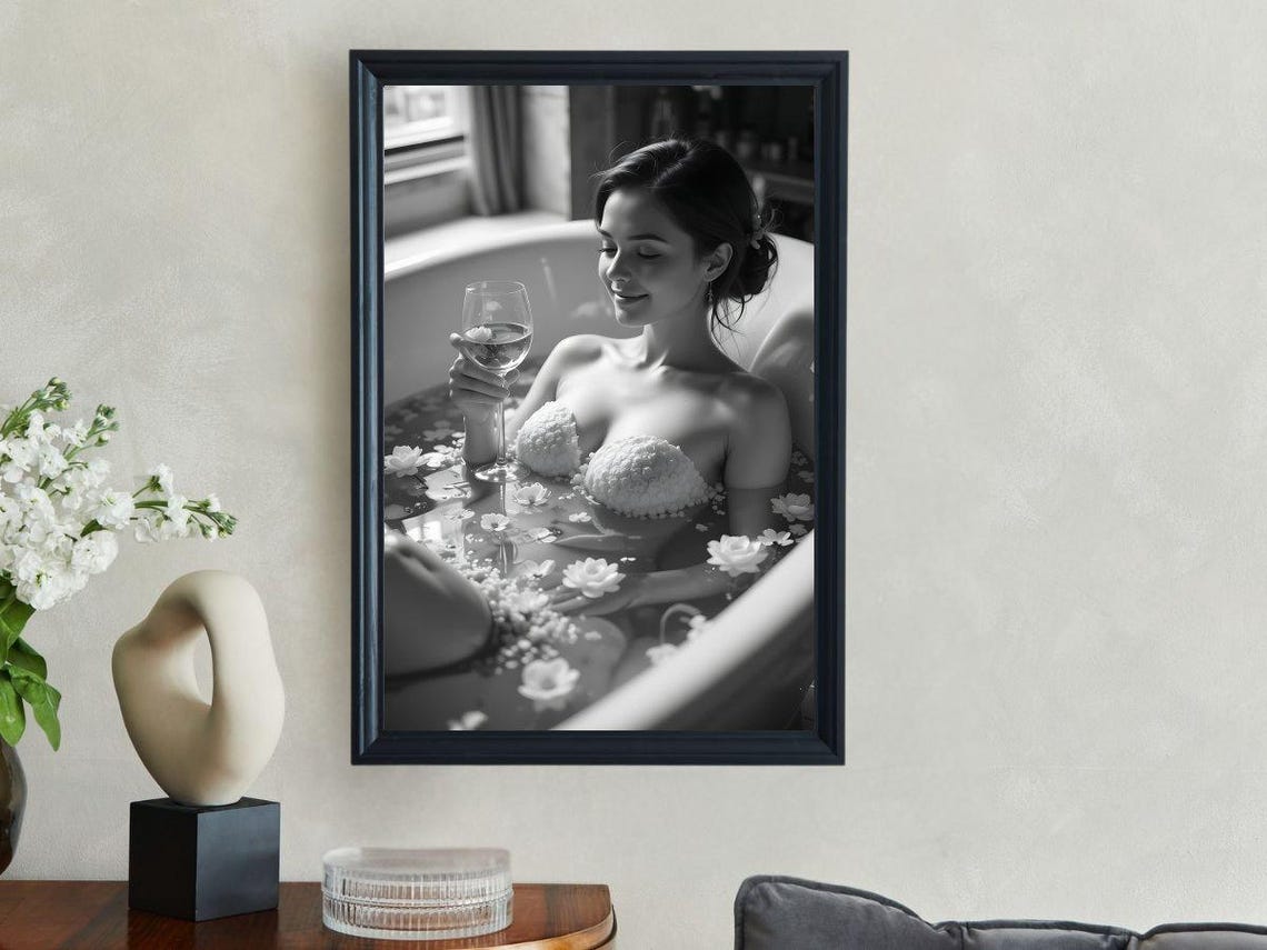 Serene Woman in Flower-Filled Bathtub with Wine Glass, B&W Poster - Image 3