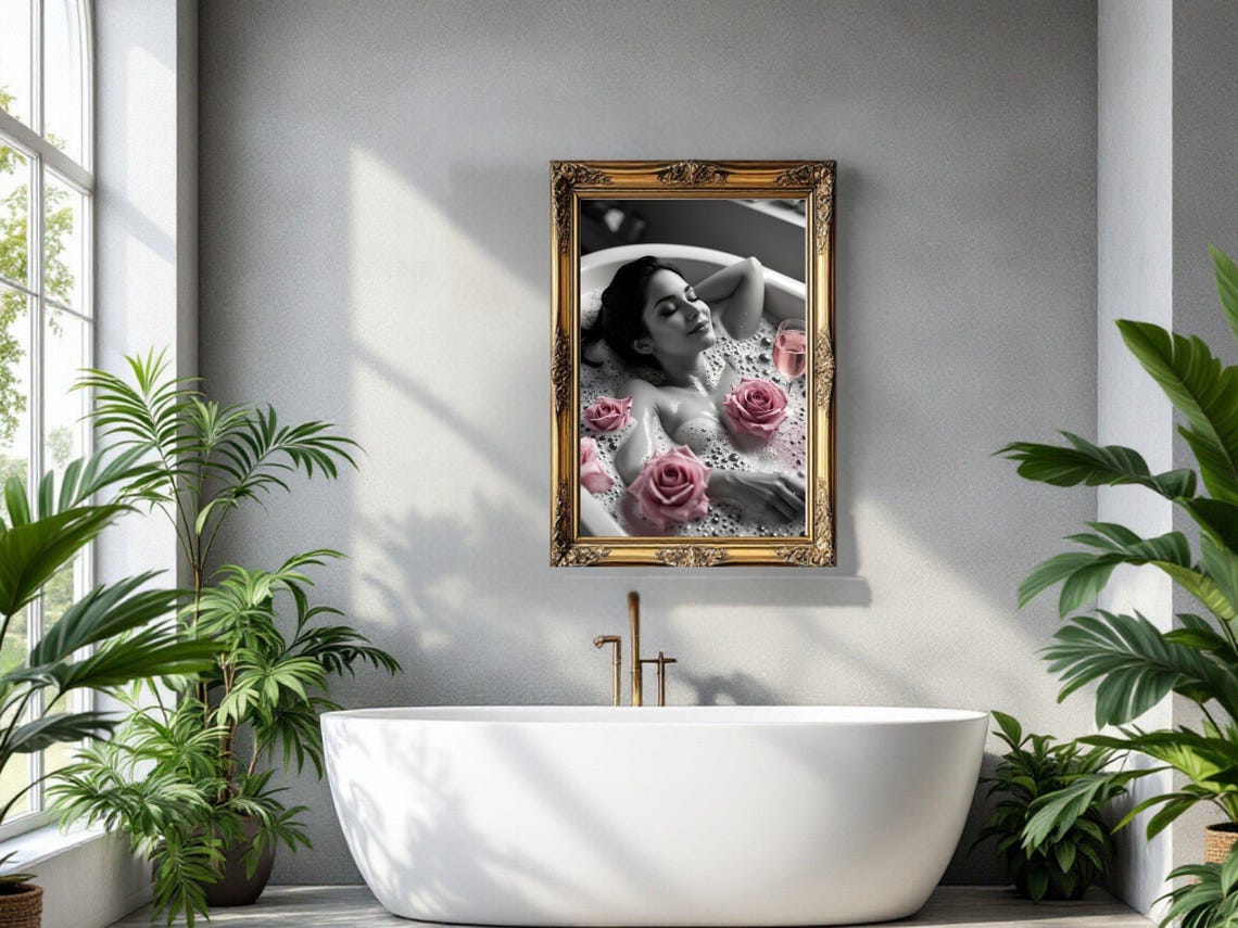 Relaxed Woman In Bubble Bath With Pink Roses And Rose Wine Poster - Image 3