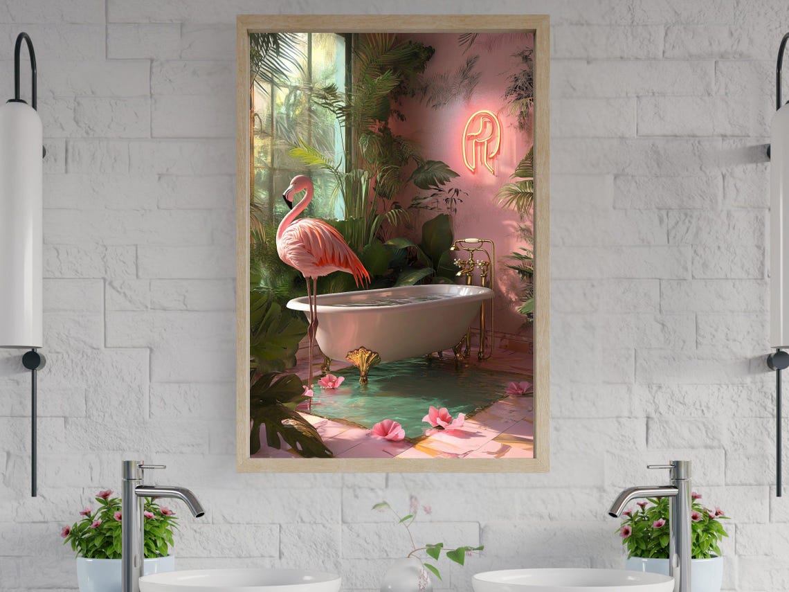 Pink Flamingo Standing in a Bathtub Under a Neon Sign Poster