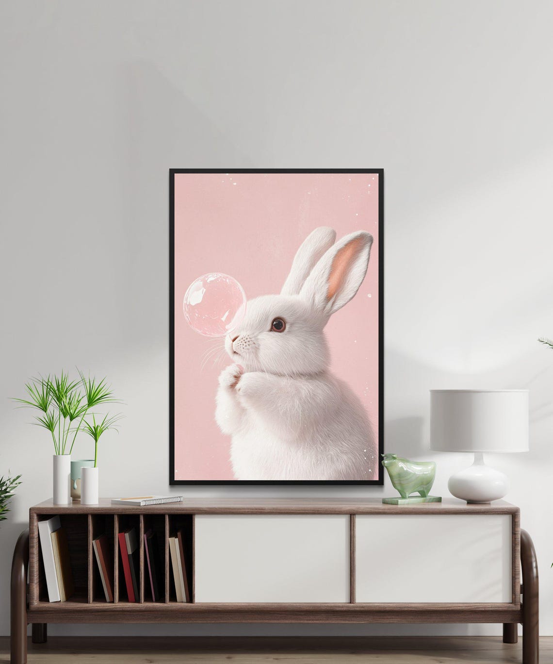 White Bunny Blowing Crystal Clear Bubble on Pink Sky Art Poster - Image 5