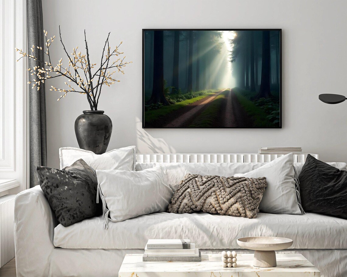 Forest Pathway Sunlight Beams Wall Art Nature Print Serene Forest Decor Mystical Woods Poster Tranquil Forest Landscape - Image 4