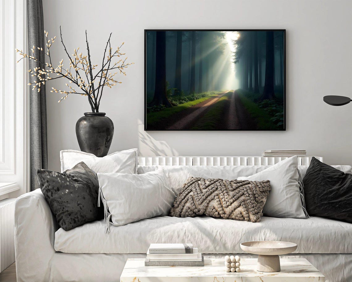 Sunlight Beams Streaming Through Tall Forest Pathway Nature Poster - Image 4