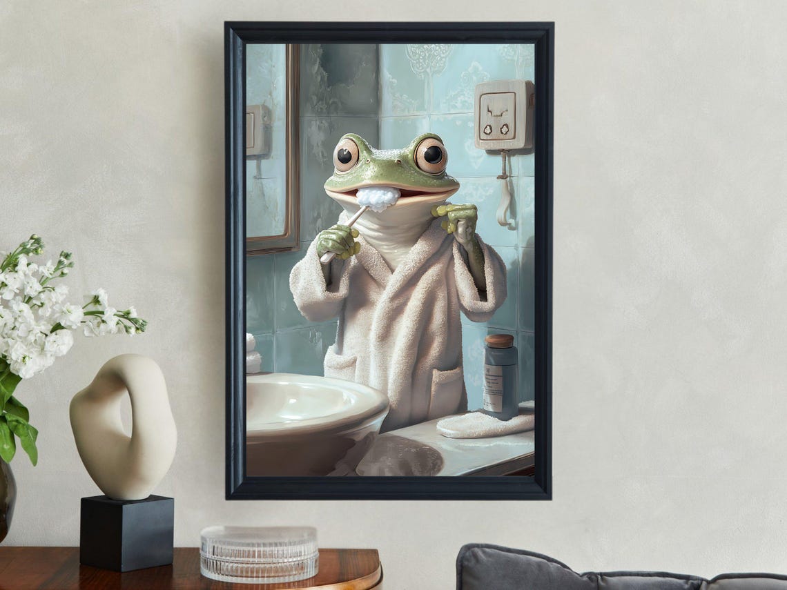 Charming Frog in Bathrobe Brushing His Teeth at the Sink Poster - Image 2