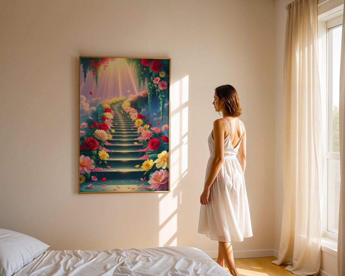 Heavenly Floral Staircase Rising Into Sky Rose Light Art Print - Image 4