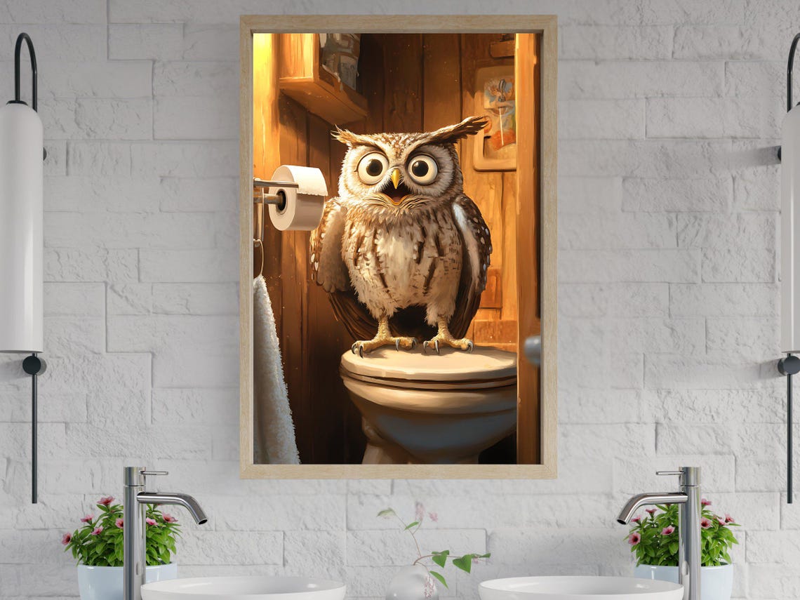 Funny Cartoon Owl Sitting on a Toilet Lid Bathroom Humor Poster