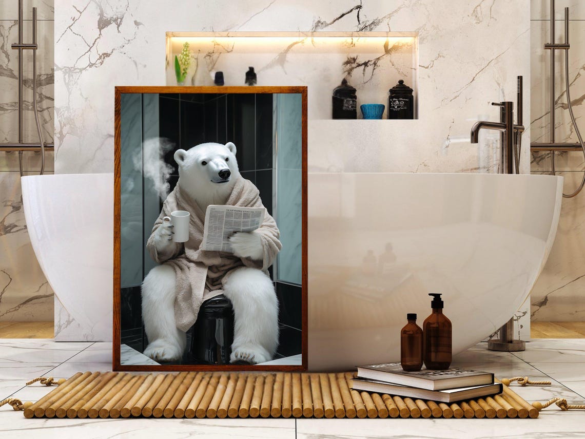 Polar Bear in Bathrobe Enjoying Coffee and the Morning Paper Poster - Image 5