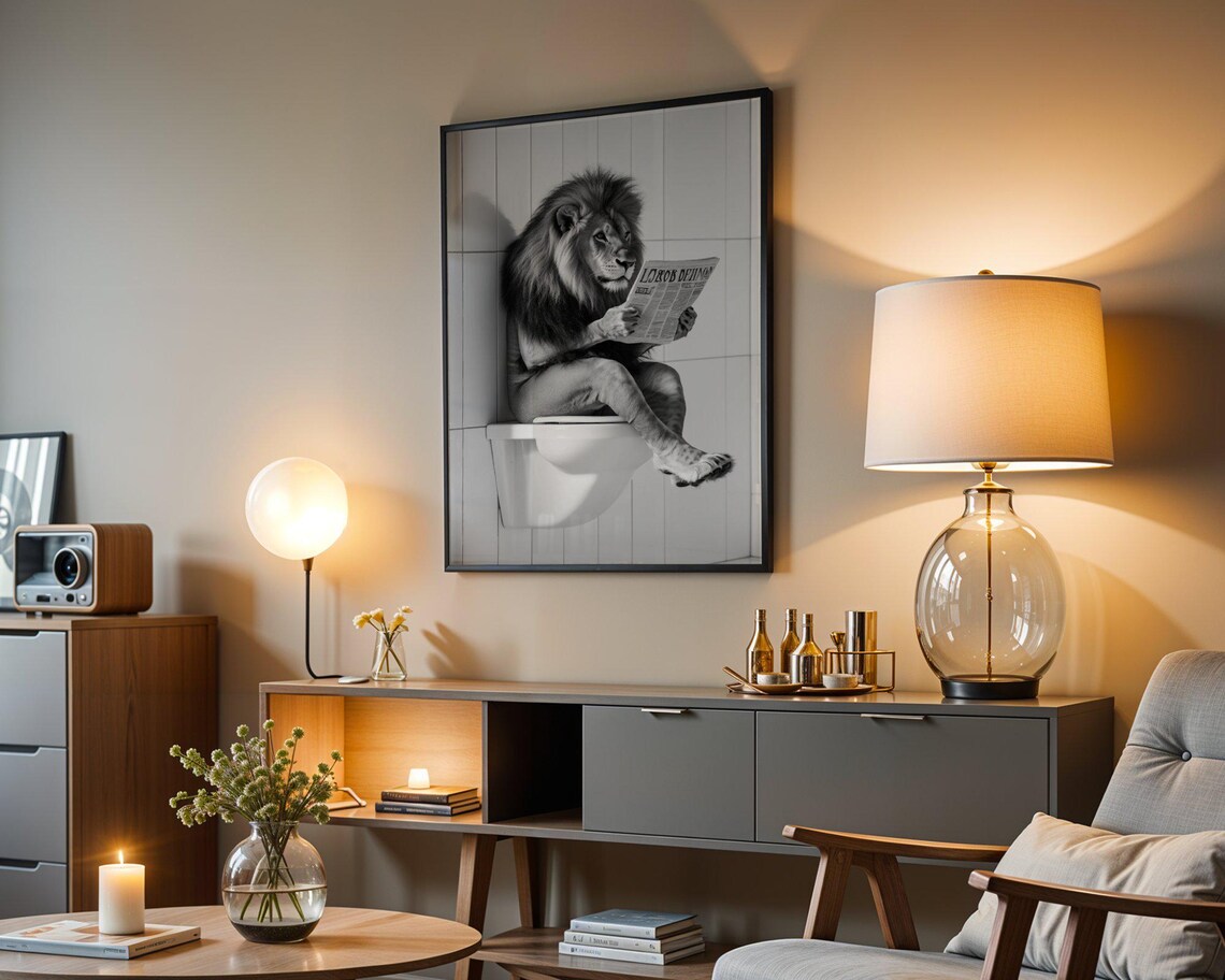 Black And White Lion Reading A Newspaper While Sitting On A Toilet Poster - Image 4