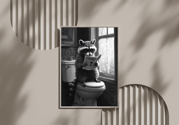 Raccoon Sitting On Toilet Reading Newspaper Black And White Poster