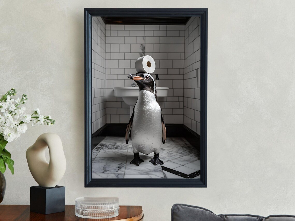 Penguin Balancing Toilet Paper On Head Funny Bathroom Animal Poster - Image 2