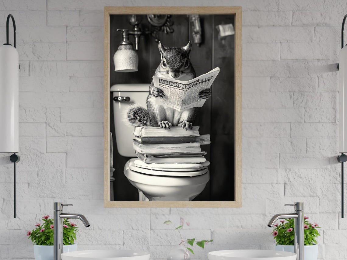 Squirrel Reading a Newspaper on a Stack of Books by the Toilet Poster