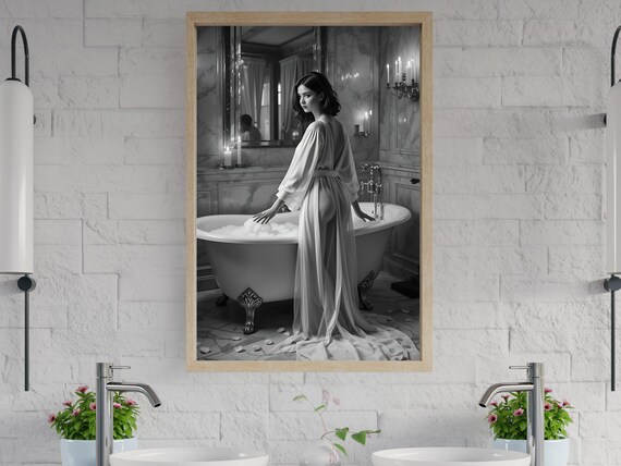 Elegant Bath Scene Wall Art Black And White Bathroom Decor Relaxing Woman Poster Luxury Gothic Artwork Romantic Home Prints