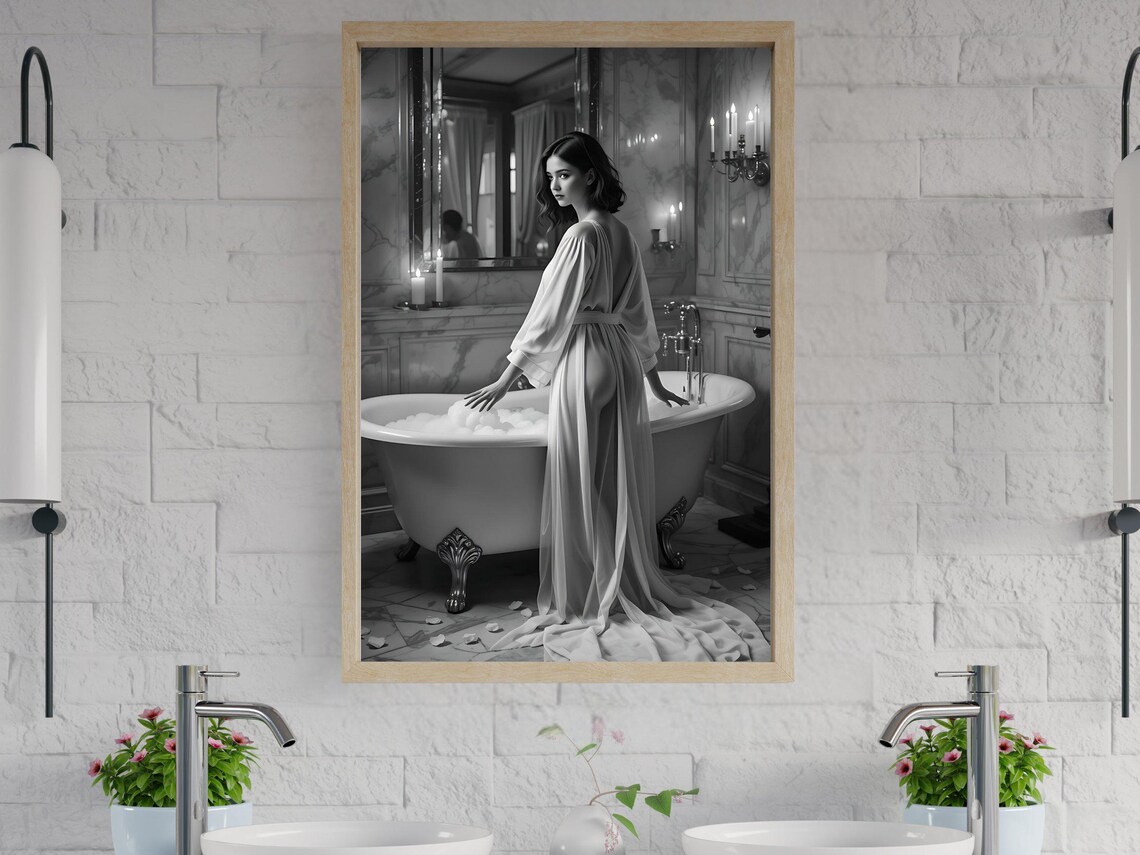 Elegant Bath Scene Wall Art Black And White Bathroom Decor Relaxing Woman Poster Luxury Gothic Artwork Romantic Home Prints