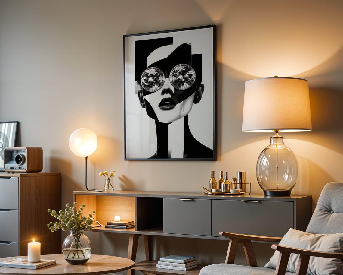 Abstract Woman With Disco Ball Eyes Black White Pop Art Poster - Image 3