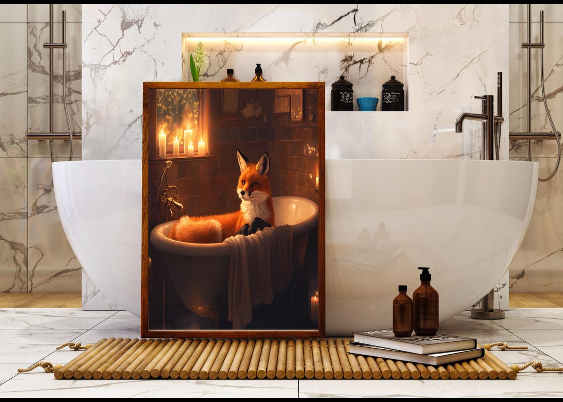 Fox Relaxing In Candlelit White Bathtub Dark Cozy Animal Poster - Image 5