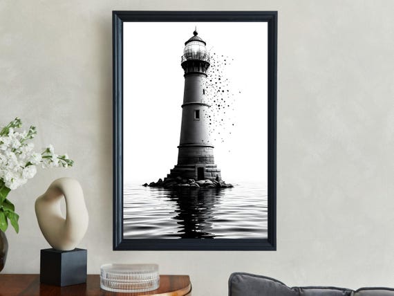 Lighthouse Wall Art Black And White Nautical Print Modern Home Decor Ocean Themed Artwork Minimalist Coastal Sea