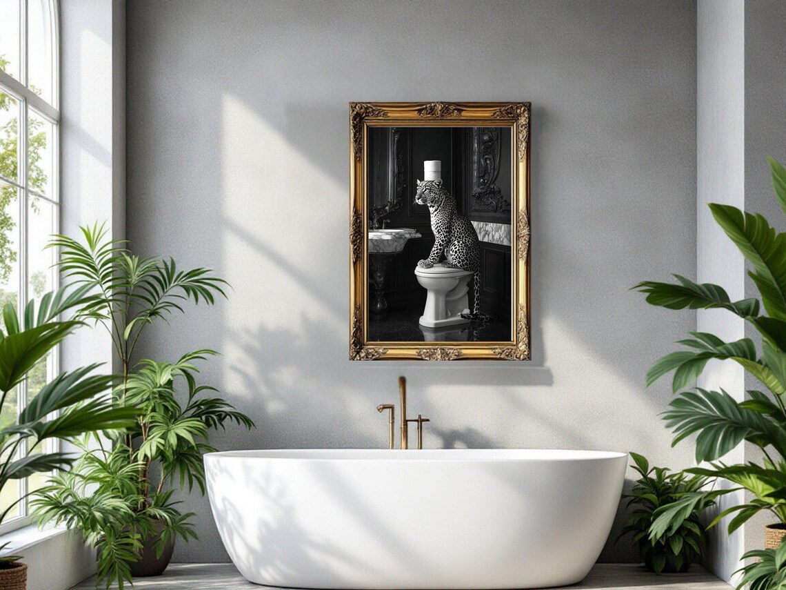 Leopard Sitting On Toilet With Toilet Paper Black And White Poster - Image 3