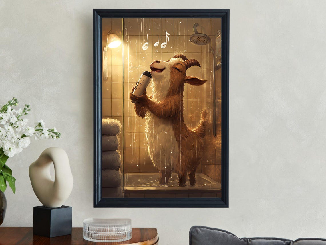 Singing Goat In Shower Holding Bottle Musical Notes Animal Poster - Image 2
