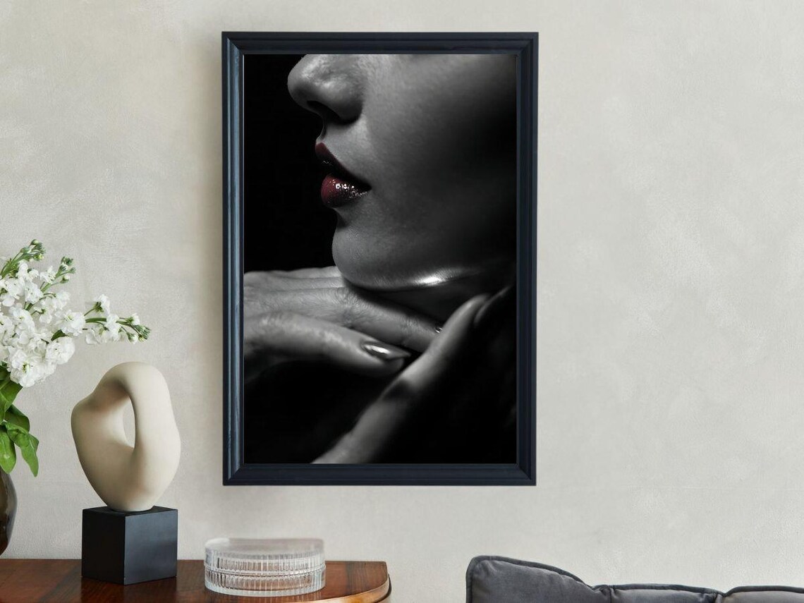 Close Up Of Glossy Red Lips And Graceful Hand Moody Beauty Poster - Image 3