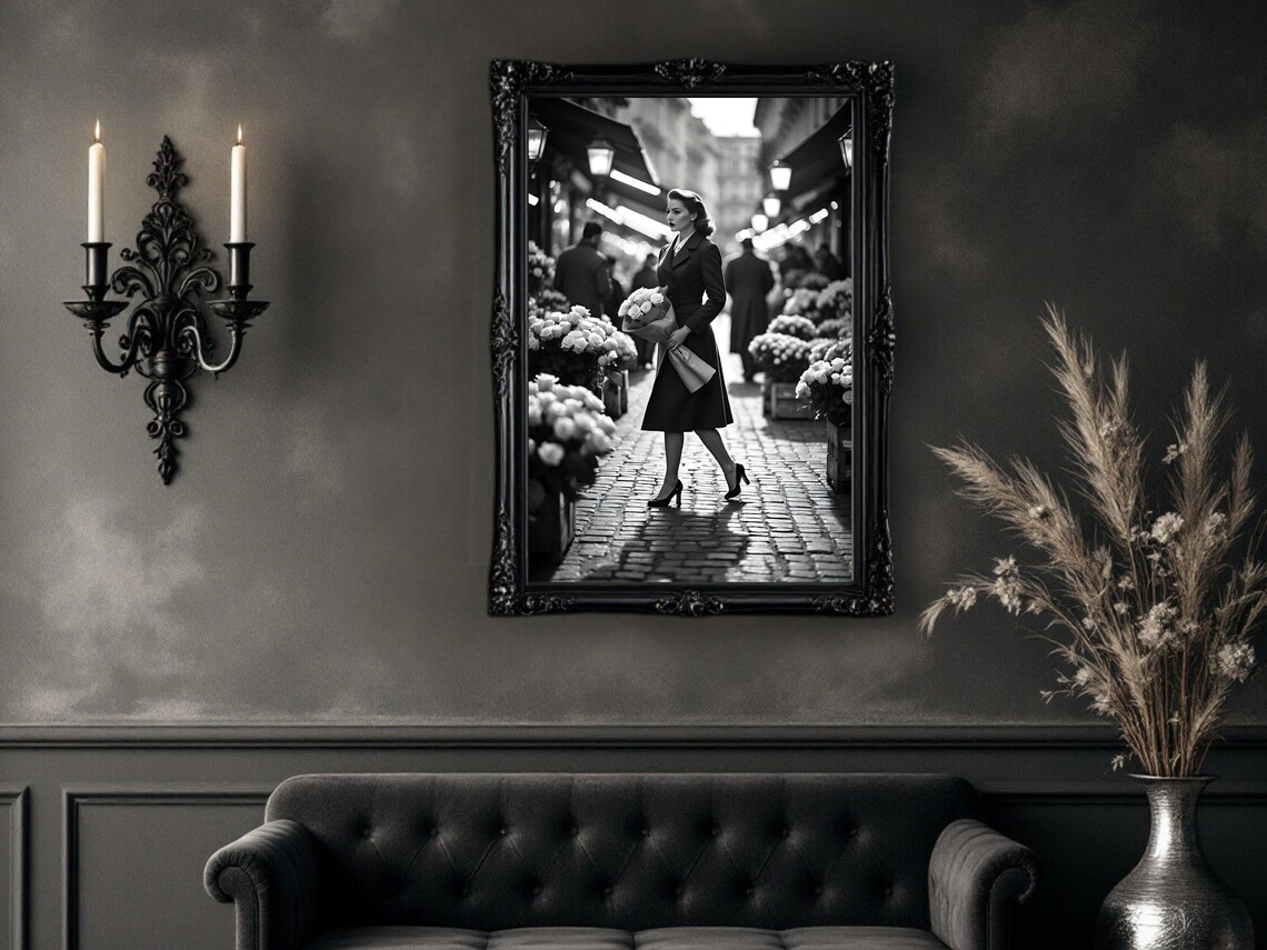 Elegant Woman With Bouquet In A Cobblestone Flower Market Poster - Image 4