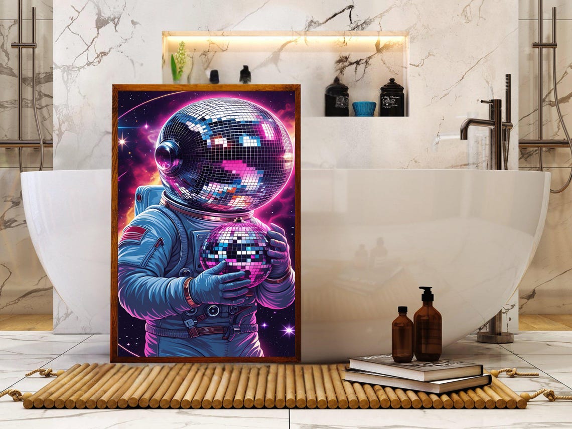Astronaut With Disco Ball Helmet Holding Mirror Ball Space Poster - Image 2