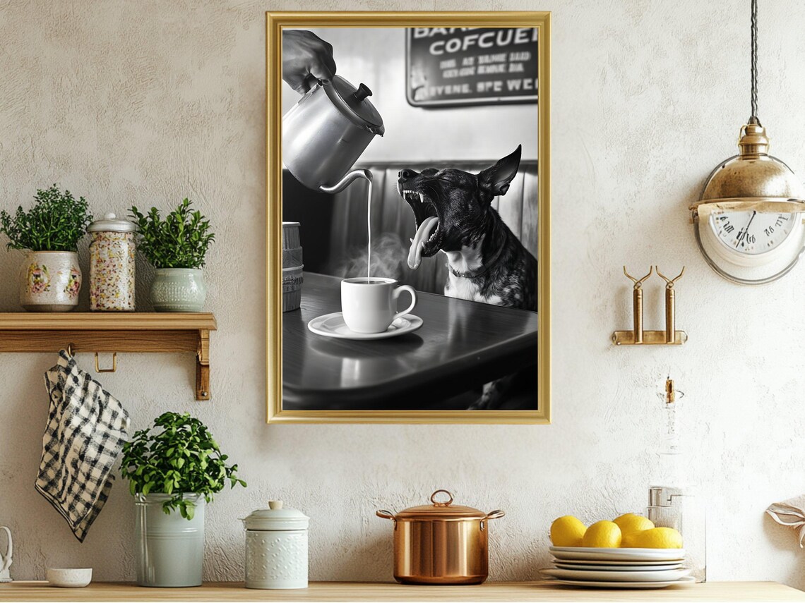 Funny Dog Yawning at the Coffee Shop Humorous Black and White Poster