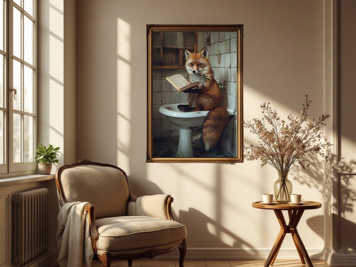 Red Fox Sitting in a Vintage Sink Reading an Open Book Poster - Image 4