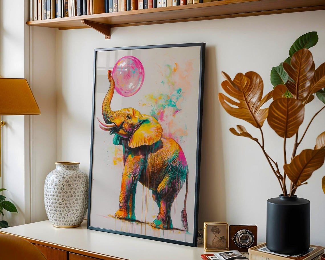 Playful Colorful Elephant Balancing Pink Bubble Modern Art Poster - Image 2