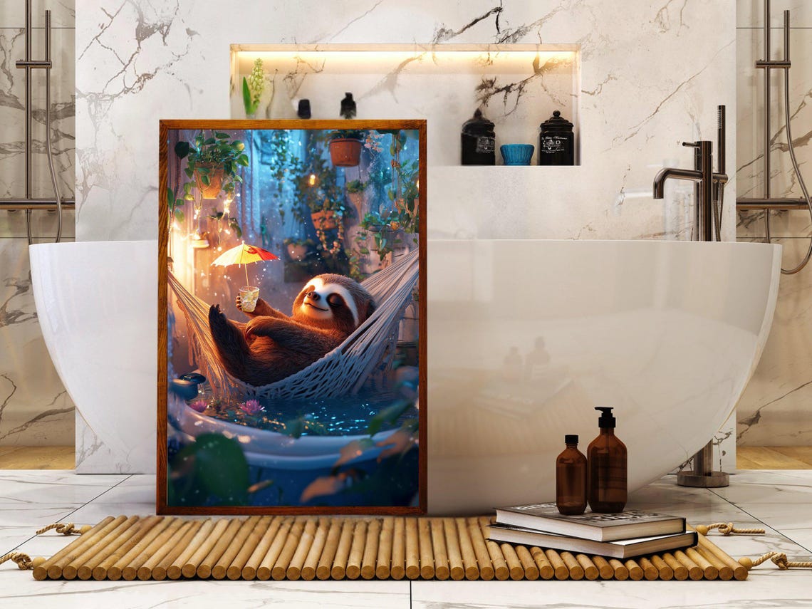 Sloth Relaxing in a Hammock With Tropical Cocktail at Twilight Poster - Image 5