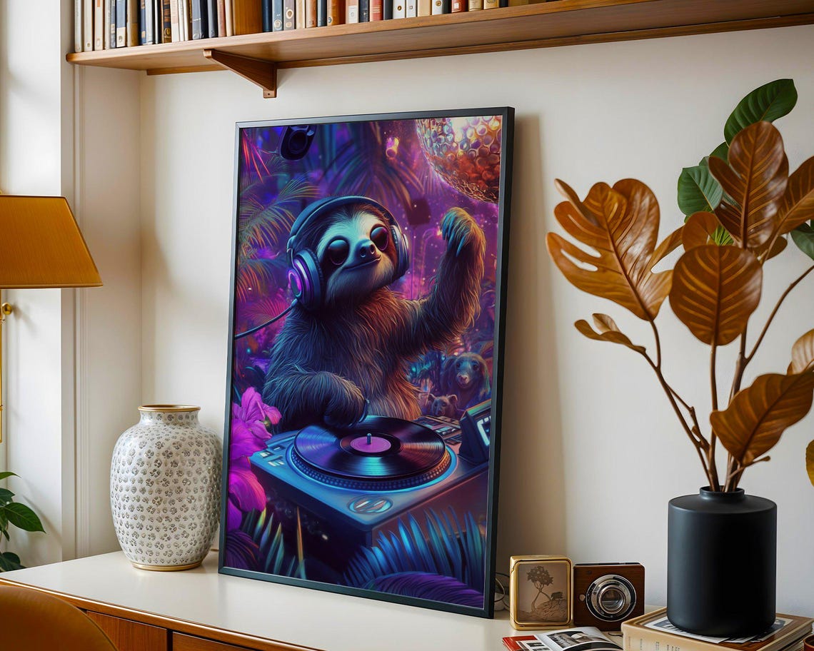 Sloth DJ Spinning Records at a Neon Jungle Dance Party Poster - Image 4