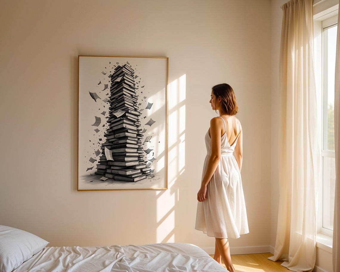 Towering Stack Of Books With Flying Pages Black White Poster - Image 5