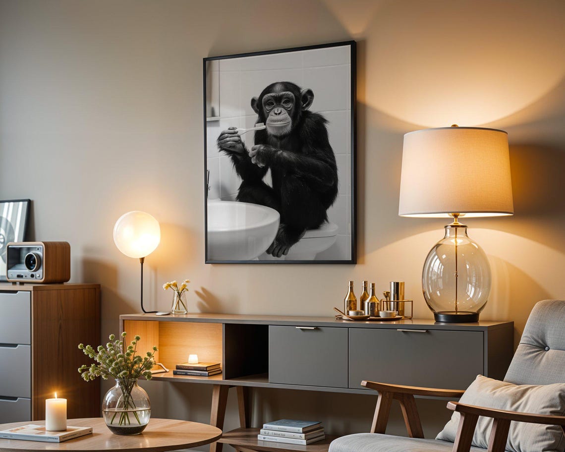 Baby Chimpanzee Brushing Its Teeth at a Bathroom Sink Photo Poster - Image 4
