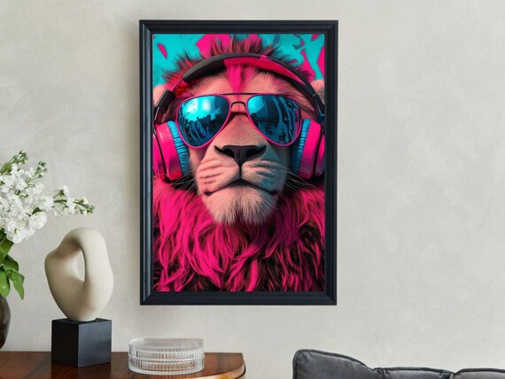 Neon Pink Lion In Headphones And Mirrored Aviator Sunglasses Poster