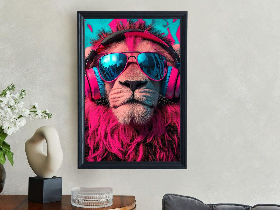 Neon Pink Lion In Headphones And Mirrored Aviator Sunglasses Poster